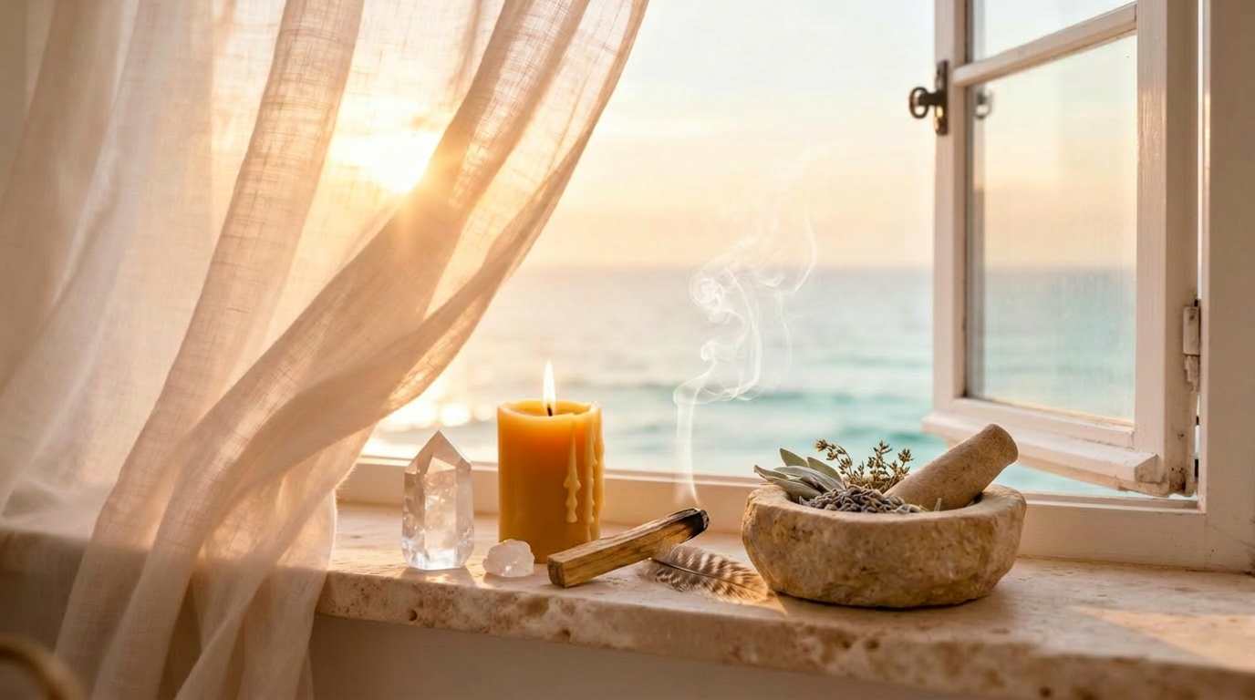 Soft natural linen draped on a windowsill with a candle and ocean view